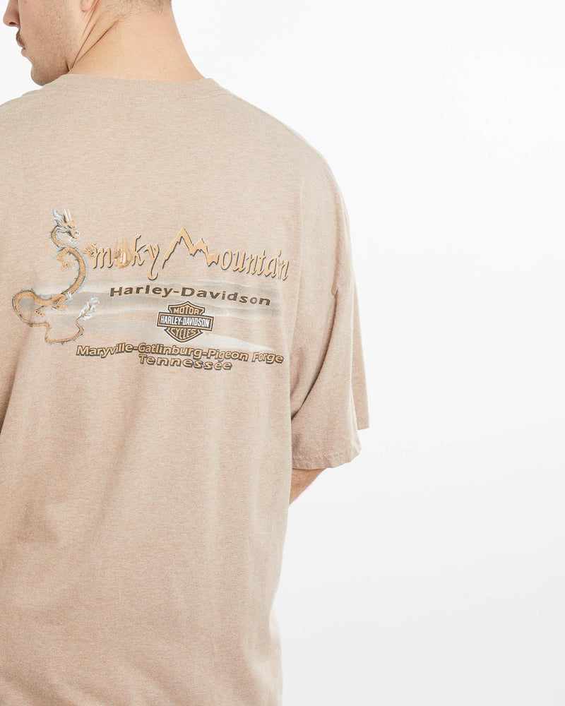 Vintage, Harley, Davidson, Smoky, Mountain, Tee, The Real Deal, size double extra large, colour Beige, newtown, sydney, australia, thrift store, opshop, preloved, secondhand, sustainable, retro, antique, 70s, 80s, 90s, 2000s, 00s, fashion, clothing, streetwear, trendy, garment, style, boutique, store, shop, archive, sale, cheap, best, top, T-Shirts