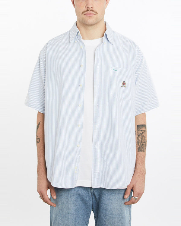 Vintage, 90s, Tommy, Hilfiger, Short, Sleeve, Button, Up, Shirt, The Real Deal, size extra large, colour Blue, newtown, sydney, australia, thrift store, opshop, preloved, secondhand, sustainable, retro, antique, 70s, 80s, 90s, 2000s, 00s, fashion, clothing, streetwear, trendy, garment, style, boutique, store, shop, archive, sale, cheap, best, top, Shirts