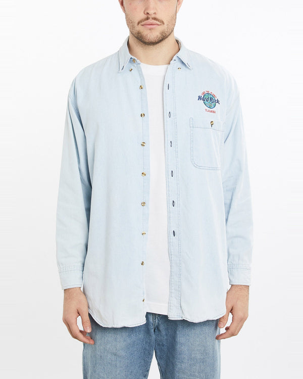 Vintage, 90s, Hard, Rock, Cafe, Tijuana, Button, Up, Shirt, The Real Deal, size extra large, colour Blue, newtown, sydney, australia, thrift store, opshop, preloved, secondhand, sustainable, retro, antique, 70s, 80s, 90s, 2000s, 00s, fashion, clothing, streetwear, trendy, garment, style, boutique, store, shop, archive, sale, cheap, best, top, Shirts