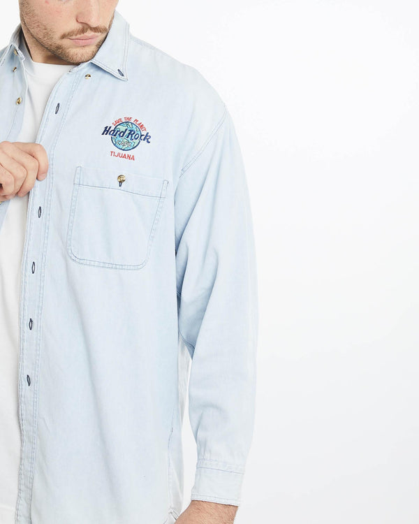 Vintage, 90s, Hard, Rock, Cafe, Tijuana, Button, Up, Shirt, The Real Deal, size extra large, colour Blue, newtown, sydney, australia, thrift store, opshop, preloved, secondhand, sustainable, retro, antique, 70s, 80s, 90s, 2000s, 00s, fashion, clothing, streetwear, trendy, garment, style, boutique, store, shop, archive, sale, cheap, best, top, Shirts