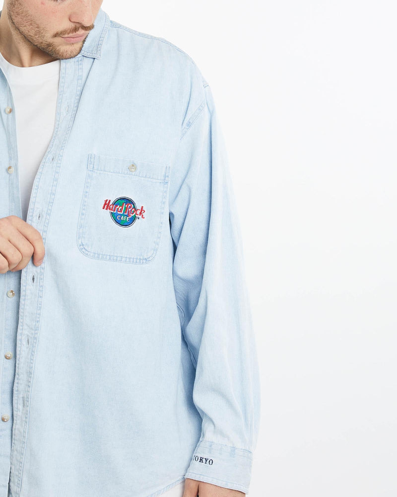 Vintage, 90s, Hard, Rock, Cafe, Tokyo, Denim, Button, Up, Shirt, The Real Deal, size extra large, colour Blue, newtown, sydney, australia, thrift store, opshop, preloved, secondhand, sustainable, retro, antique, 70s, 80s, 90s, 2000s, 00s, fashion, clothing, streetwear, trendy, garment, style, boutique, store, shop, archive, sale, cheap, best, top, Shirts