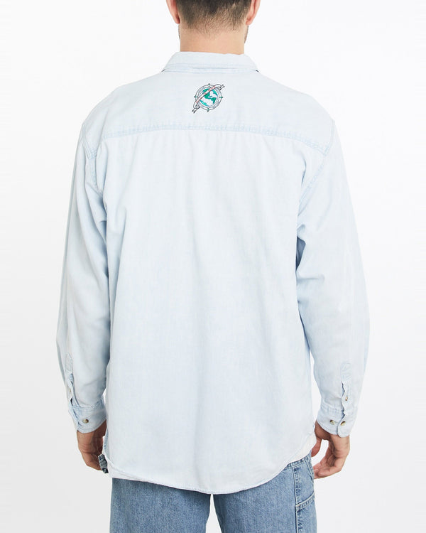 Vintage, 90s, Hard, Rock, Cafe, Dallas, Denim, Button, Up, Shirt, The Real Deal, size extra large, colour Blue, newtown, sydney, australia, thrift store, opshop, preloved, secondhand, sustainable, retro, antique, 70s, 80s, 90s, 2000s, 00s, fashion, clothing, streetwear, trendy, garment, style, boutique, store, shop, archive, sale, cheap, best, top, Shirts