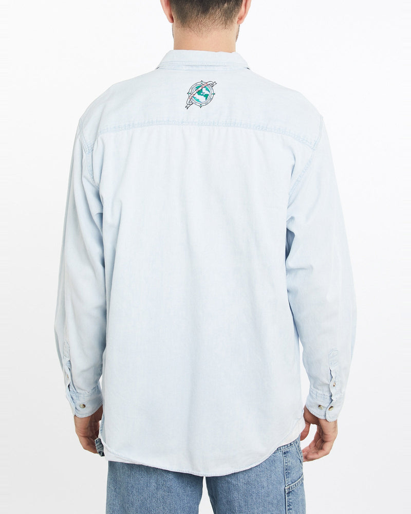 Vintage, 90s, Hard, Rock, Cafe, Dallas, Denim, Button, Up, Shirt, The Real Deal, size extra large, colour Blue, newtown, sydney, australia, thrift store, opshop, preloved, secondhand, sustainable, retro, antique, 70s, 80s, 90s, 2000s, 00s, fashion, clothing, streetwear, trendy, garment, style, boutique, store, shop, archive, sale, cheap, best, top, Shirts