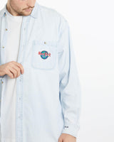 Vintage, 90s, Hard, Rock, Cafe, Dallas, Denim, Button, Up, Shirt, The Real Deal, size extra large, colour Blue, newtown, sydney, australia, thrift store, opshop, preloved, secondhand, sustainable, retro, antique, 70s, 80s, 90s, 2000s, 00s, fashion, clothing, streetwear, trendy, garment, style, boutique, store, shop, archive, sale, cheap, best, top, Shirts