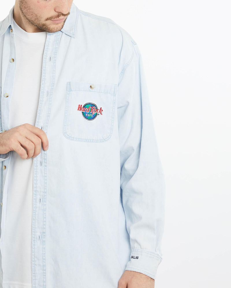 Vintage, 90s, Hard, Rock, Cafe, Dallas, Denim, Button, Up, Shirt, The Real Deal, size extra large, colour Blue, newtown, sydney, australia, thrift store, opshop, preloved, secondhand, sustainable, retro, antique, 70s, 80s, 90s, 2000s, 00s, fashion, clothing, streetwear, trendy, garment, style, boutique, store, shop, archive, sale, cheap, best, top, Shirts