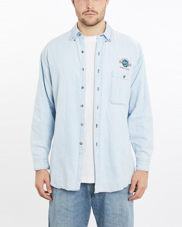 Vintage, 90s, Hard, Rock, Cafe, Buenos, Aires, Denim, Button, Up, Shirt, The Real Deal, size extra large, colour Blue, newtown, sydney, australia, thrift store, opshop, preloved, secondhand, sustainable, retro, antique, 70s, 80s, 90s, 2000s, 00s, fashion, clothing, streetwear, trendy, garment, style, boutique, store, shop, archive, sale, cheap, best, top, Shirts