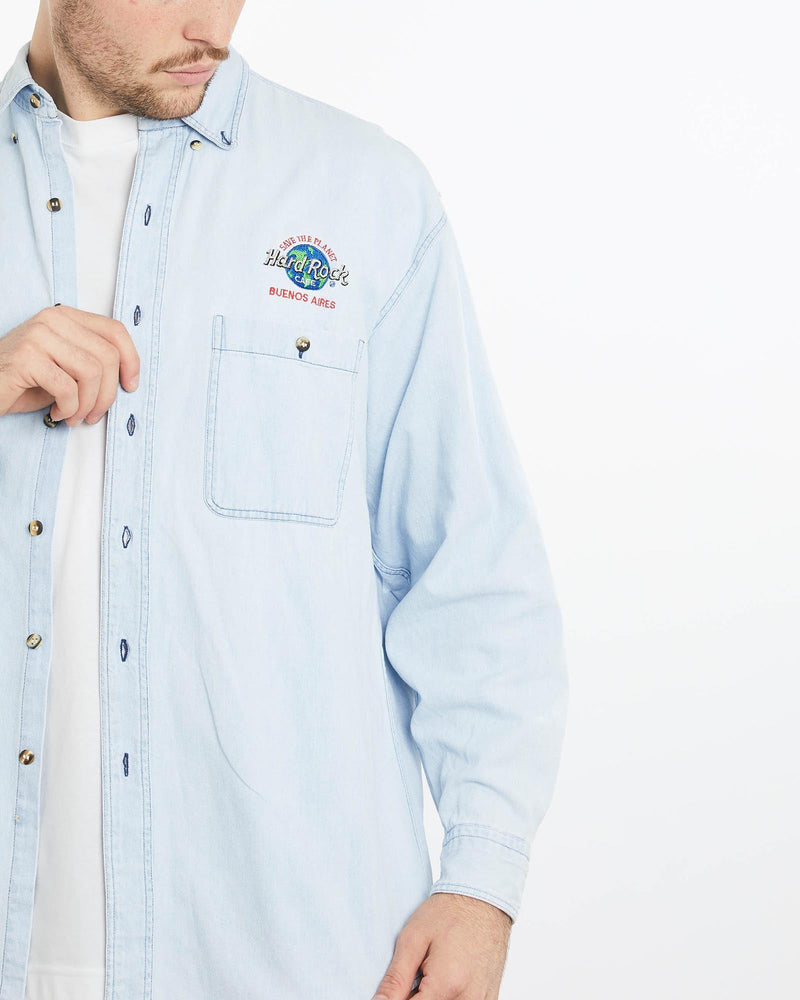 Vintage, 90s, Hard, Rock, Cafe, Buenos, Aires, Denim, Button, Up, Shirt, The Real Deal, size extra large, colour Blue, newtown, sydney, australia, thrift store, opshop, preloved, secondhand, sustainable, retro, antique, 70s, 80s, 90s, 2000s, 00s, fashion, clothing, streetwear, trendy, garment, style, boutique, store, shop, archive, sale, cheap, best, top, Shirts
