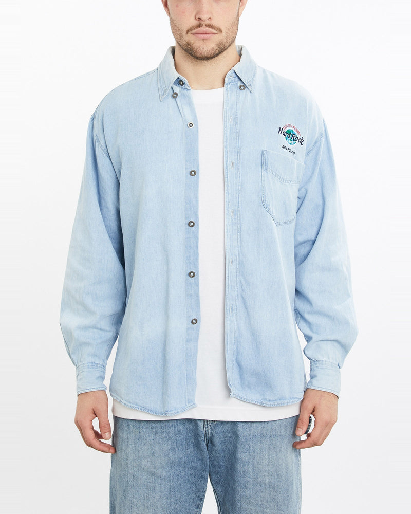 Vintage, 90s, Hard, Rock, Cafe, Acapulco, Denim, Button, Up, Shirt, The Real Deal, size extra large, colour Blue, newtown, sydney, australia, thrift store, opshop, preloved, secondhand, sustainable, retro, antique, 70s, 80s, 90s, 2000s, 00s, fashion, clothing, streetwear, trendy, garment, style, boutique, store, shop, archive, sale, cheap, best, top, Shirts
