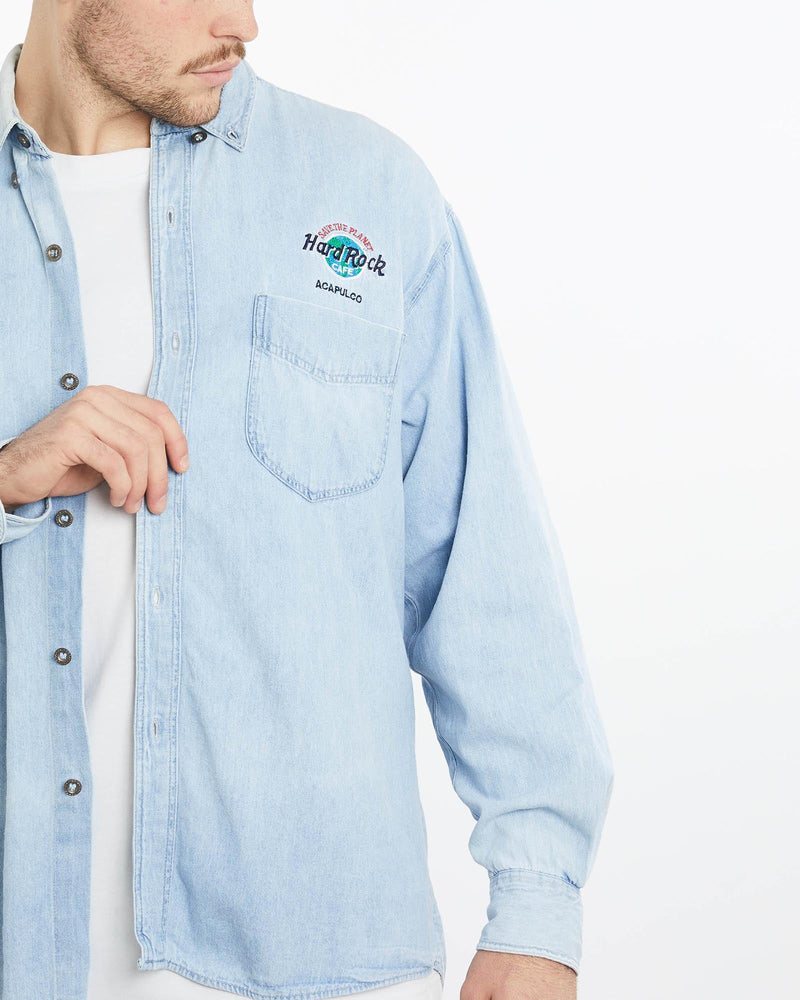 Vintage, 90s, Hard, Rock, Cafe, Acapulco, Denim, Button, Up, Shirt, The Real Deal, size extra large, colour Blue, newtown, sydney, australia, thrift store, opshop, preloved, secondhand, sustainable, retro, antique, 70s, 80s, 90s, 2000s, 00s, fashion, clothing, streetwear, trendy, garment, style, boutique, store, shop, archive, sale, cheap, best, top, Shirts
