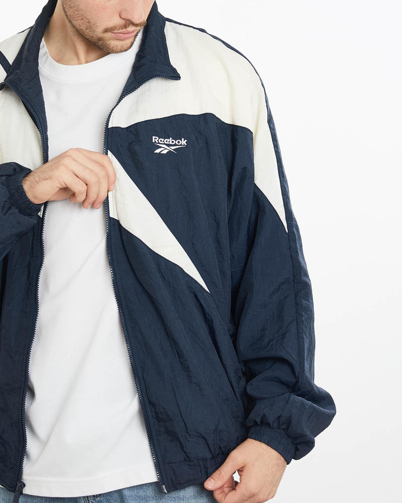 Vintage, 90s, Reebok, Track, Jacket, The Real Deal, size extra large, colour Navy, newtown, sydney, australia, thrift store, opshop, preloved, secondhand, sustainable, retro, antique, 70s, 80s, 90s, 2000s, 00s, fashion, clothing, streetwear, trendy, garment, style, boutique, store, shop, archive, sale, cheap, best, top, Jackets