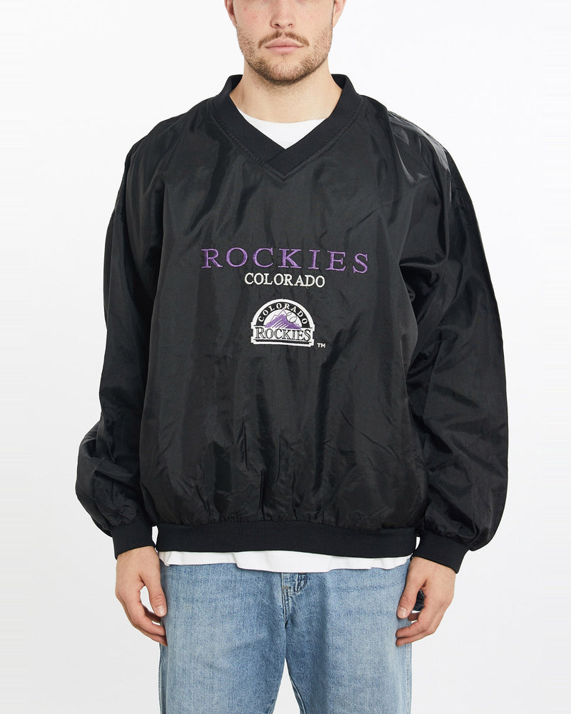 Vintage, 90s, MLB, Colorado, Rockies, Pullover, Jacket, The Real Deal, size extra large, colour Black, newtown, sydney, australia, thrift store, opshop, preloved, secondhand, sustainable, retro, antique, 70s, 80s, 90s, 2000s, 00s, fashion, clothing, streetwear, trendy, garment, style, boutique, store, shop, archive, sale, cheap, best, top, Jackets