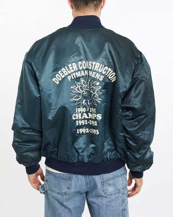 Vintage, 90s, Bowling, Champs, Satin, Bomber, Jacket, The Real Deal, size extra large, colour Blue, newtown, sydney, australia, thrift store, opshop, preloved, secondhand, sustainable, retro, antique, 70s, 80s, 90s, 2000s, 00s, fashion, clothing, streetwear, trendy, garment, style, boutique, store, shop, archive, sale, cheap, best, top, Jackets