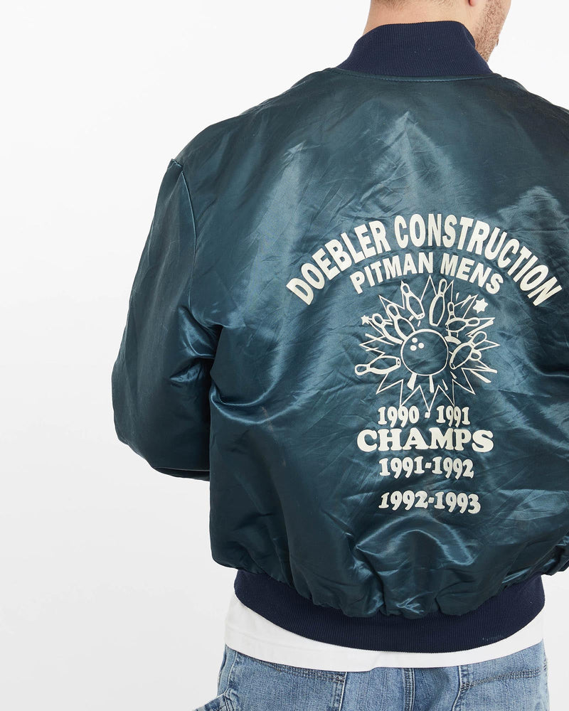 Vintage, 90s, Bowling, Champs, Satin, Bomber, Jacket, The Real Deal, size extra large, colour Blue, newtown, sydney, australia, thrift store, opshop, preloved, secondhand, sustainable, retro, antique, 70s, 80s, 90s, 2000s, 00s, fashion, clothing, streetwear, trendy, garment, style, boutique, store, shop, archive, sale, cheap, best, top, Jackets