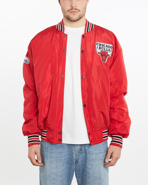 Vintage, 90s, Chalk, Line, Chicago, Bulls, Bomber, Jacket, The Real Deal, size extra large, colour Red, newtown, sydney, australia, thrift store, opshop, preloved, secondhand, sustainable, retro, antique, 70s, 80s, 90s, 2000s, 00s, fashion, clothing, streetwear, trendy, garment, style, boutique, store, shop, archive, sale, cheap, best, top, Jackets