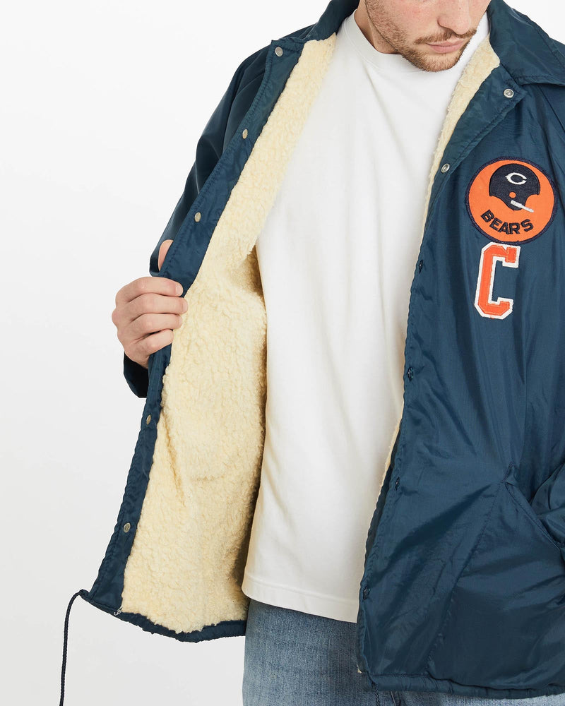 Vintage, 80s, Chicago, Bears, Sherpa, Lined, Coaches, Jacket, The Real Deal, size extra large, colour Navy, newtown, sydney, australia, thrift store, opshop, preloved, secondhand, sustainable, retro, antique, 70s, 80s, 90s, 2000s, 00s, fashion, clothing, streetwear, trendy, garment, style, boutique, store, shop, archive, sale, cheap, best, top, Jackets