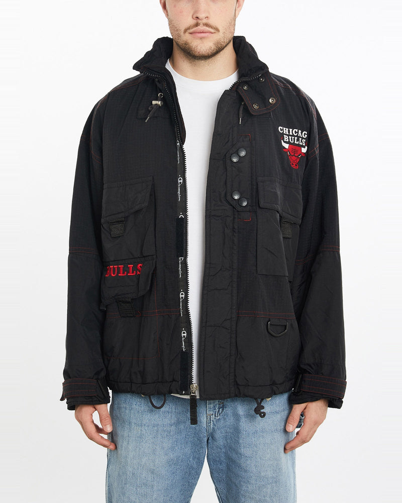 Vintage, 90s, Champion, Chicago, Bulls, Jacket, The Real Deal, size extra large, colour Black, newtown, sydney, australia, thrift store, opshop, preloved, secondhand, sustainable, retro, antique, 70s, 80s, 90s, 2000s, 00s, fashion, clothing, streetwear, trendy, garment, style, boutique, store, shop, archive, sale, cheap, best, top, Jackets