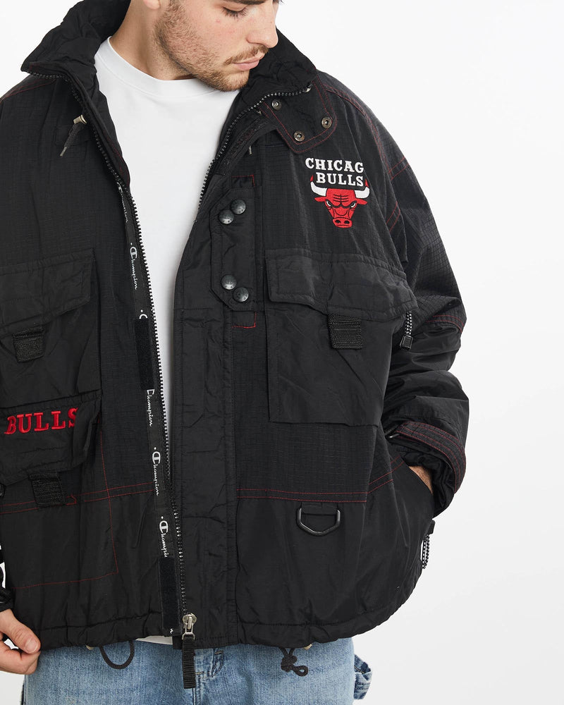 Vintage, 90s, Champion, Chicago, Bulls, Jacket, The Real Deal, size extra large, colour Black, newtown, sydney, australia, thrift store, opshop, preloved, secondhand, sustainable, retro, antique, 70s, 80s, 90s, 2000s, 00s, fashion, clothing, streetwear, trendy, garment, style, boutique, store, shop, archive, sale, cheap, best, top, Jackets