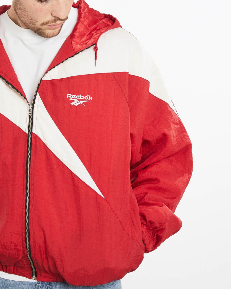 Vintage, 90s, Reebok, Windbreaker, Jacket, The Real Deal, size extra large, colour Red, newtown, sydney, australia, thrift store, opshop, preloved, secondhand, sustainable, retro, antique, 70s, 80s, 90s, 2000s, 00s, fashion, clothing, streetwear, trendy, garment, style, boutique, store, shop, archive, sale, cheap, best, top, Jackets