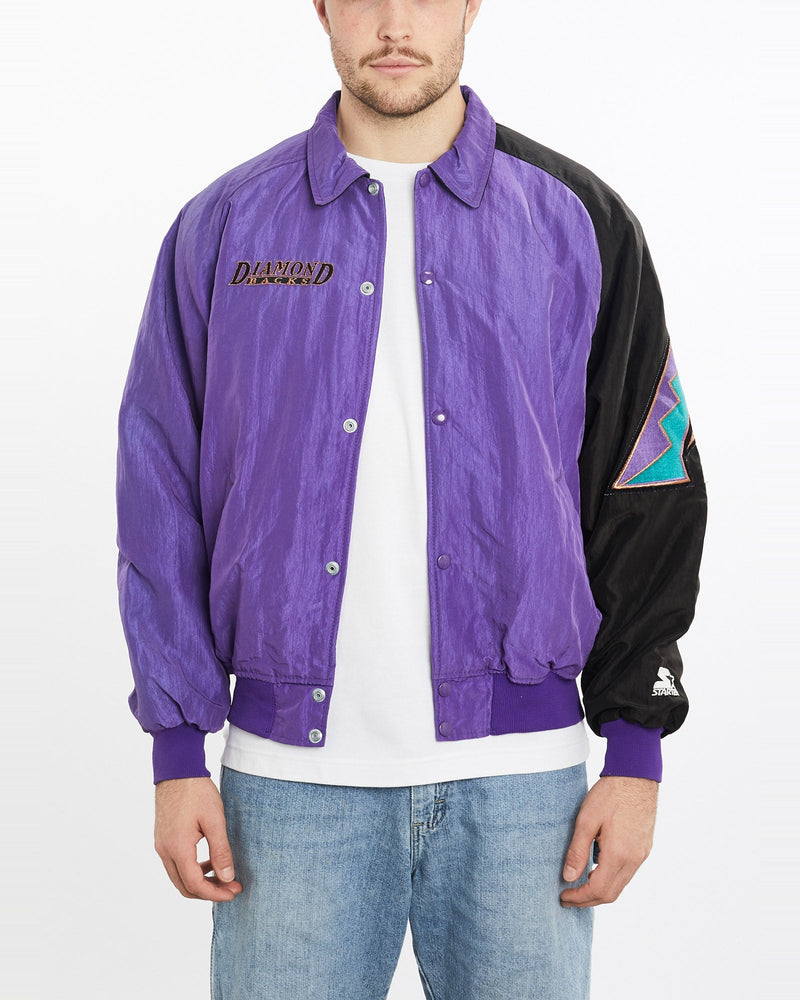 Vintage, 90s, Starter, MLB, Arizona, Diamondbacks, Bomber, Jacket, The Real Deal, size extra large, colour Purple, newtown, sydney, australia, thrift store, opshop, preloved, secondhand, sustainable, retro, antique, 70s, 80s, 90s, 2000s, 00s, fashion, clothing, streetwear, trendy, garment, style, boutique, store, shop, archive, sale, cheap, best, top, Jackets