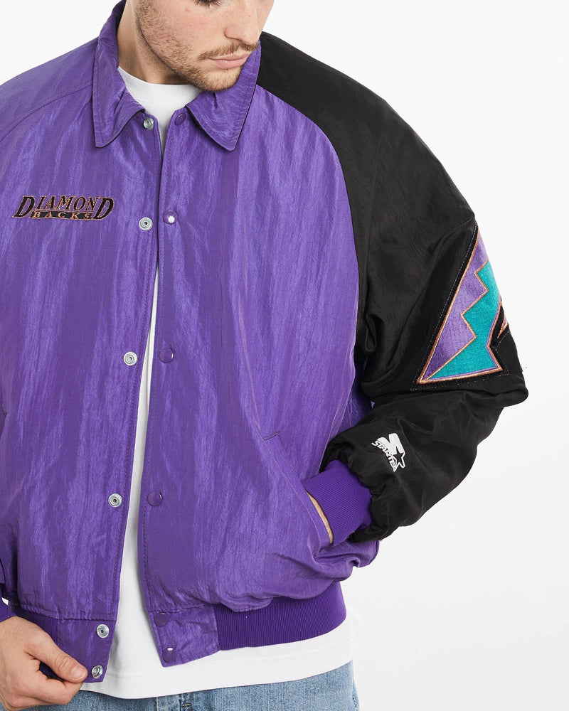 Vintage, 90s, Starter, MLB, Arizona, Diamondbacks, Bomber, Jacket, The Real Deal, size extra large, colour Purple, newtown, sydney, australia, thrift store, opshop, preloved, secondhand, sustainable, retro, antique, 70s, 80s, 90s, 2000s, 00s, fashion, clothing, streetwear, trendy, garment, style, boutique, store, shop, archive, sale, cheap, best, top, Jackets