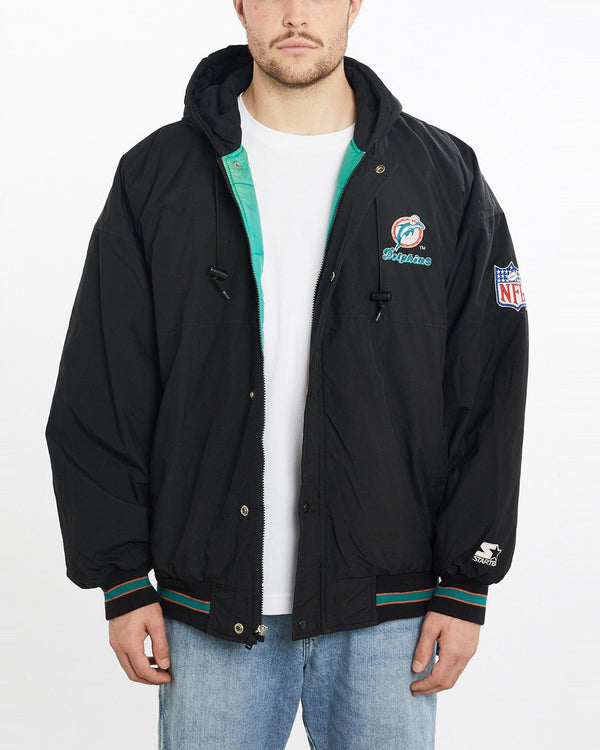 Vintage, 90s, Starter, NFL, Miami, Dolphins, Jacket, The Real Deal, size extra large, colour Black, newtown, sydney, australia, thrift store, opshop, preloved, secondhand, sustainable, retro, antique, 70s, 80s, 90s, 2000s, 00s, fashion, clothing, streetwear, trendy, garment, style, boutique, store, shop, archive, sale, cheap, best, top, Jackets