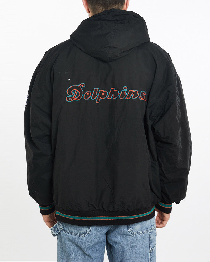Vintage, 90s, Starter, NFL, Miami, Dolphins, Jacket, The Real Deal, size extra large, colour Black, newtown, sydney, australia, thrift store, opshop, preloved, secondhand, sustainable, retro, antique, 70s, 80s, 90s, 2000s, 00s, fashion, clothing, streetwear, trendy, garment, style, boutique, store, shop, archive, sale, cheap, best, top, Jackets