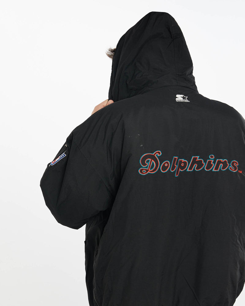 Vintage, 90s, Starter, NFL, Miami, Dolphins, Jacket, The Real Deal, size extra large, colour Black, newtown, sydney, australia, thrift store, opshop, preloved, secondhand, sustainable, retro, antique, 70s, 80s, 90s, 2000s, 00s, fashion, clothing, streetwear, trendy, garment, style, boutique, store, shop, archive, sale, cheap, best, top, Jackets