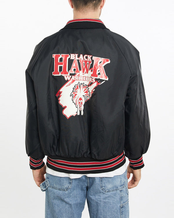Vintage, 90s, Black, Hawk, Warriors, Bomber, Jacket, The Real Deal, size extra large, colour Black, newtown, sydney, australia, thrift store, opshop, preloved, secondhand, sustainable, retro, antique, 70s, 80s, 90s, 2000s, 00s, fashion, clothing, streetwear, trendy, garment, style, boutique, store, shop, archive, sale, cheap, best, top, Jackets