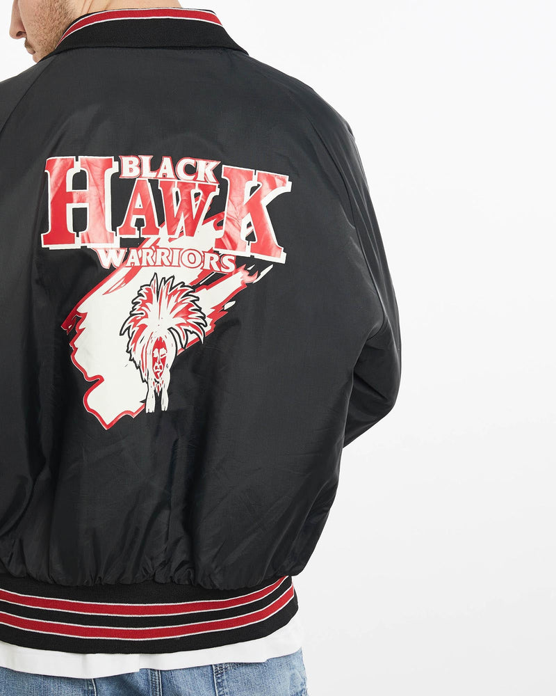 Vintage, 90s, Black, Hawk, Warriors, Bomber, Jacket, The Real Deal, size extra large, colour Black, newtown, sydney, australia, thrift store, opshop, preloved, secondhand, sustainable, retro, antique, 70s, 80s, 90s, 2000s, 00s, fashion, clothing, streetwear, trendy, garment, style, boutique, store, shop, archive, sale, cheap, best, top, Jackets