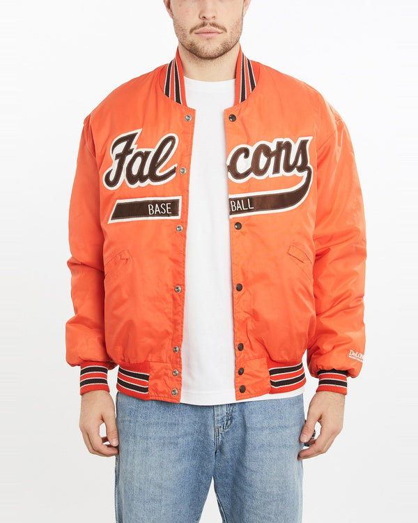 Vintage, 90s, DeLONG, Falcons, Bomber, Jacket, The Real Deal, size extra large, colour Orange, newtown, sydney, australia, thrift store, opshop, preloved, secondhand, sustainable, retro, antique, 70s, 80s, 90s, 2000s, 00s, fashion, clothing, streetwear, trendy, garment, style, boutique, store, shop, archive, sale, cheap, best, top, Jackets