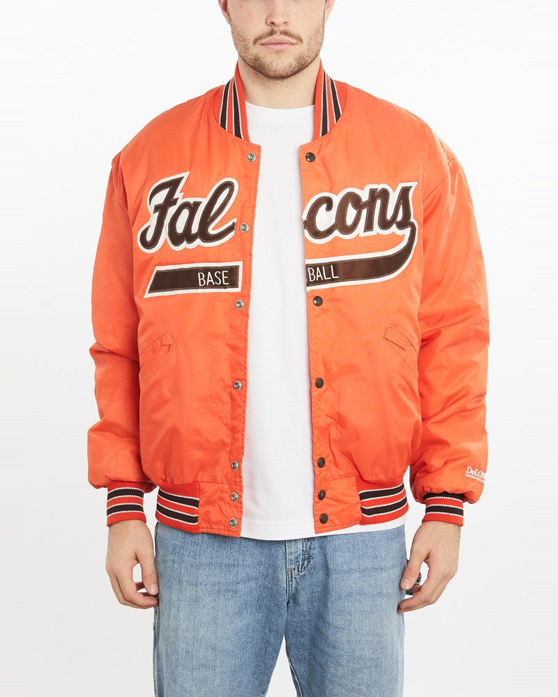 Vintage, 90s, DeLONG, Falcons, Bomber, Jacket, The Real Deal, size extra large, colour Orange, newtown, sydney, australia, thrift store, opshop, preloved, secondhand, sustainable, retro, antique, 70s, 80s, 90s, 2000s, 00s, fashion, clothing, streetwear, trendy, garment, style, boutique, store, shop, archive, sale, cheap, best, top, Jackets