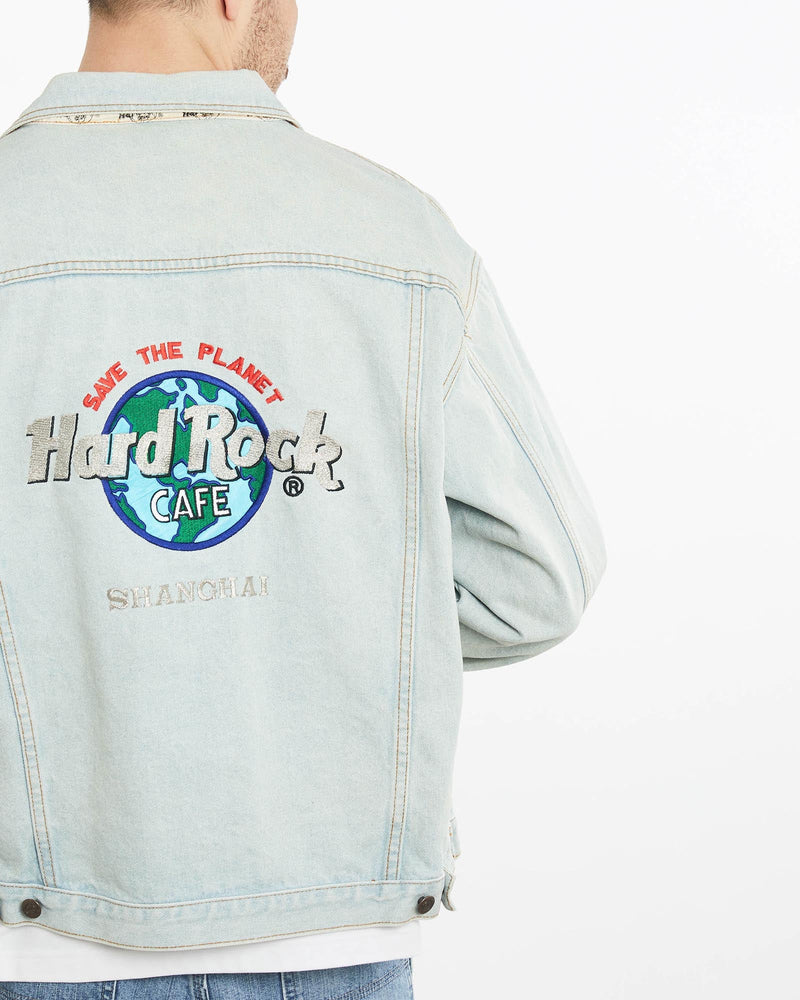 Vintage, 90s, Hard, Rock, Cafe, Shanghai, Denim, Jacket, The Real Deal, size extra large, colour Blue, newtown, sydney, australia, thrift store, opshop, preloved, secondhand, sustainable, retro, antique, 70s, 80s, 90s, 2000s, 00s, fashion, clothing, streetwear, trendy, garment, style, boutique, store, shop, archive, sale, cheap, best, top, Jackets