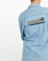 Vintage, Harley, Davidson, Denim, Button, Up, Shirt, The Real Deal, size large, colour Blue, newtown, sydney, australia, thrift store, opshop, preloved, secondhand, sustainable, retro, antique, 70s, 80s, 90s, 2000s, 00s, fashion, clothing, streetwear, trendy, garment, style, boutique, store, shop, archive, sale, cheap, best, top, Shirts