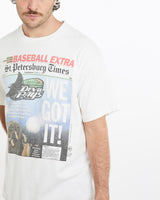 Vintage, 1995, MLB, Tampa, Bay, Devil, Rays, Front, Page, Tee, The Real Deal, size large, colour White, newtown, sydney, australia, thrift store, opshop, preloved, secondhand, sustainable, retro, antique, 70s, 80s, 90s, 2000s, 00s, fashion, clothing, streetwear, trendy, garment, style, boutique, store, shop, archive, sale, cheap, best, top, T-Shirts