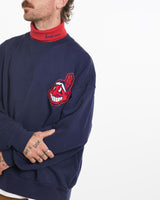 Vintage, 90s, MLB, Cleveland, Indians, Turtleneck, Sweatshirt, The Real Deal, size large, colour Navy, newtown, sydney, australia, thrift store, opshop, preloved, secondhand, sustainable, retro, antique, 70s, 80s, 90s, 2000s, 00s, fashion, clothing, streetwear, trendy, garment, style, boutique, store, shop, archive, sale, cheap, best, top, Sweats and hoodies