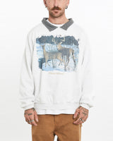 Vintage, Deer, Wildlife, Collared, Sweatshirt, The Real Deal, size medium, colour White, newtown, sydney, australia, thrift store, opshop, preloved, secondhand, sustainable, retro, antique, 70s, 80s, 90s, 2000s, 00s, fashion, clothing, streetwear, trendy, garment, style, boutique, store, shop, archive, sale, cheap, best, top, Sweats and hoodies