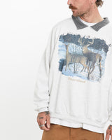 Vintage, Deer, Wildlife, Collared, Sweatshirt, The Real Deal, size medium, colour White, newtown, sydney, australia, thrift store, opshop, preloved, secondhand, sustainable, retro, antique, 70s, 80s, 90s, 2000s, 00s, fashion, clothing, streetwear, trendy, garment, style, boutique, store, shop, archive, sale, cheap, best, top, Sweats and hoodies