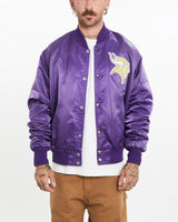 Vintage, 90s, NFL, Minnesota, Vikings, Satin, Bomber, Jacket, The Real Deal, size medium, colour Purple, newtown, sydney, australia, thrift store, opshop, preloved, secondhand, sustainable, retro, antique, 70s, 80s, 90s, 2000s, 00s, fashion, clothing, streetwear, trendy, garment, style, boutique, store, shop, archive, sale, cheap, best, top, Jackets