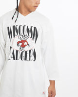 Vintage, 90s, NCAA, Wisconsin, Badgers, Jersey, Tee, The Real Deal, size extra large, colour White, newtown, sydney, australia, thrift store, opshop, preloved, secondhand, sustainable, retro, antique, 70s, 80s, 90s, 2000s, 00s, fashion, clothing, streetwear, trendy, garment, style, boutique, store, shop, archive, sale, cheap, best, top, T-Shirts