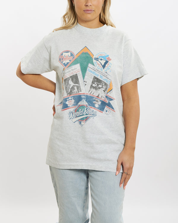 Vintage 1993 World Series 'Phillies v Blue Jays' Tee <br>M , The Real Deal , newtown, sydney, australia, thrift store, opshop, preloved, secondhand, sustainable, retro, antique, 70s, 80s, 90s, 2000s, 00s, fashion, clothing, streetwear, trendy, garment, style, boutique, store, shop, archive, sale, cheap, best, top