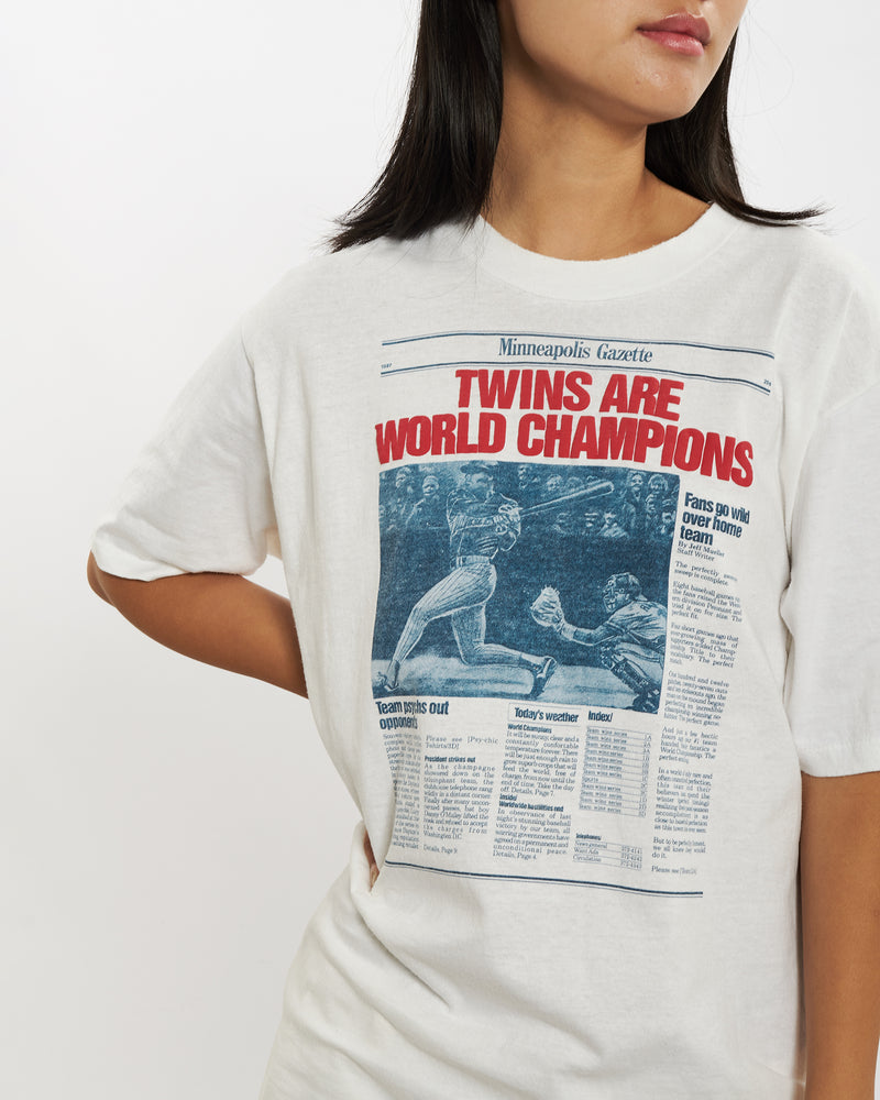 Vintage 90s MLB Minnesota Twins 'Front Page' Tee <br>M , The Real Deal , newtown, sydney, australia, thrift store, opshop, preloved, secondhand, sustainable, retro, antique, 70s, 80s, 90s, 2000s, 00s, fashion, clothing, streetwear, trendy, garment, style, boutique, store, shop, archive, sale, cheap, best, top