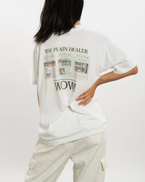 Vintage 1995 MLB Cleveland Indians 'Front Page' Tee <br>M , The Real Deal , newtown, sydney, australia, thrift store, opshop, preloved, secondhand, sustainable, retro, antique, 70s, 80s, 90s, 2000s, 00s, fashion, clothing, streetwear, trendy, garment, style, boutique, store, shop, archive, sale, cheap, best, top