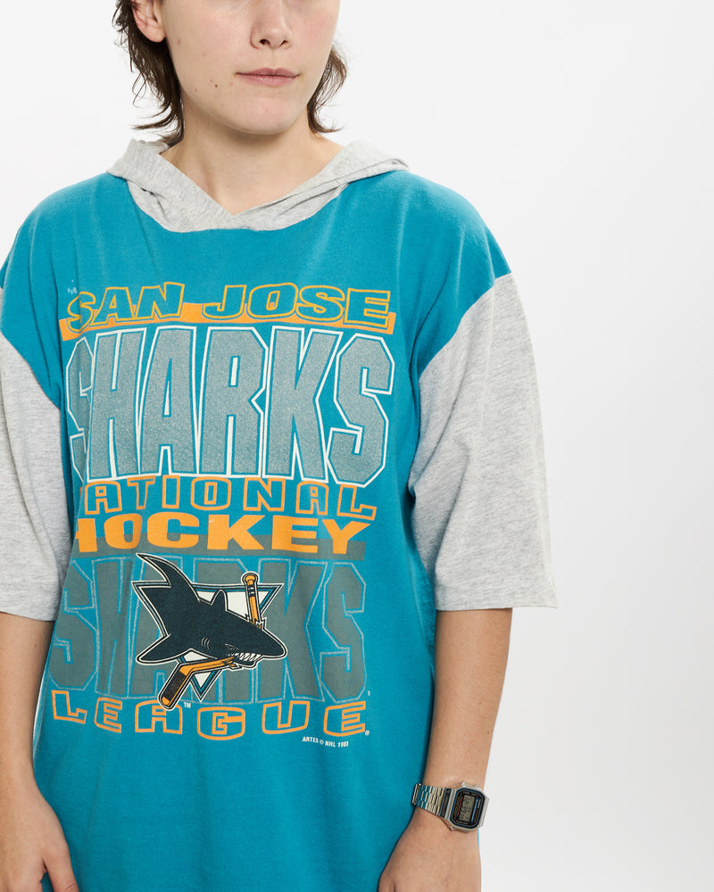 Vintage 90s NHL San Jose Sharks Hooded Tee <br>S , The Real Deal , newtown, sydney, australia, thrift store, opshop, preloved, secondhand, sustainable, retro, antique, 70s, 80s, 90s, 2000s, 00s, fashion, clothing, streetwear, trendy, garment, style, boutique, store, shop, archive, sale, cheap, best, top