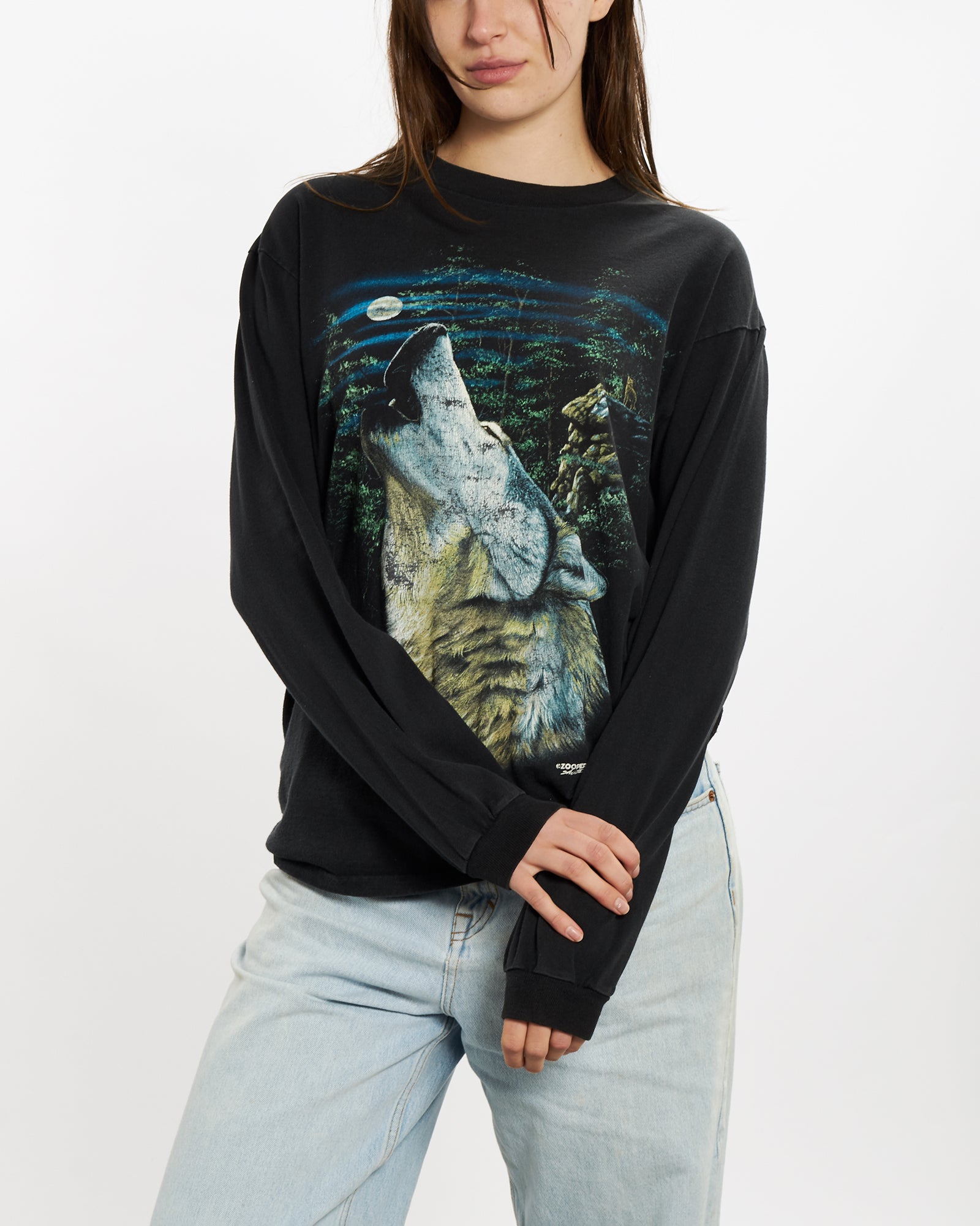 Vintage 90s Wildlife Wolf Long Sleeve Tee M