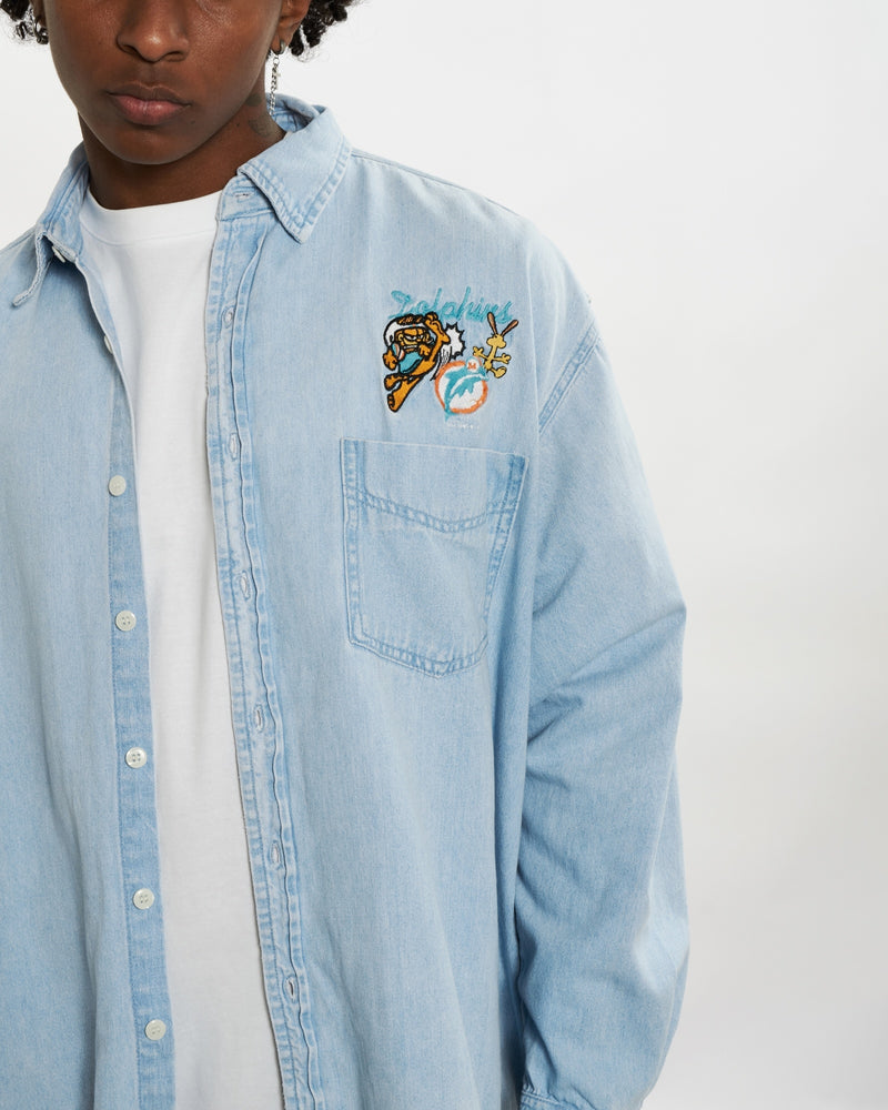 Vintage 90s Garfield x Miami Dolphins Button Up Shirt <br>L , The Real Deal , newtown, sydney, australia, thrift store, opshop, preloved, secondhand, sustainable, retro, antique, 70s, 80s, 90s, 2000s, 00s, fashion, clothing, streetwear, trendy, garment, style, boutique, store, shop, archive, sale, cheap, best, top