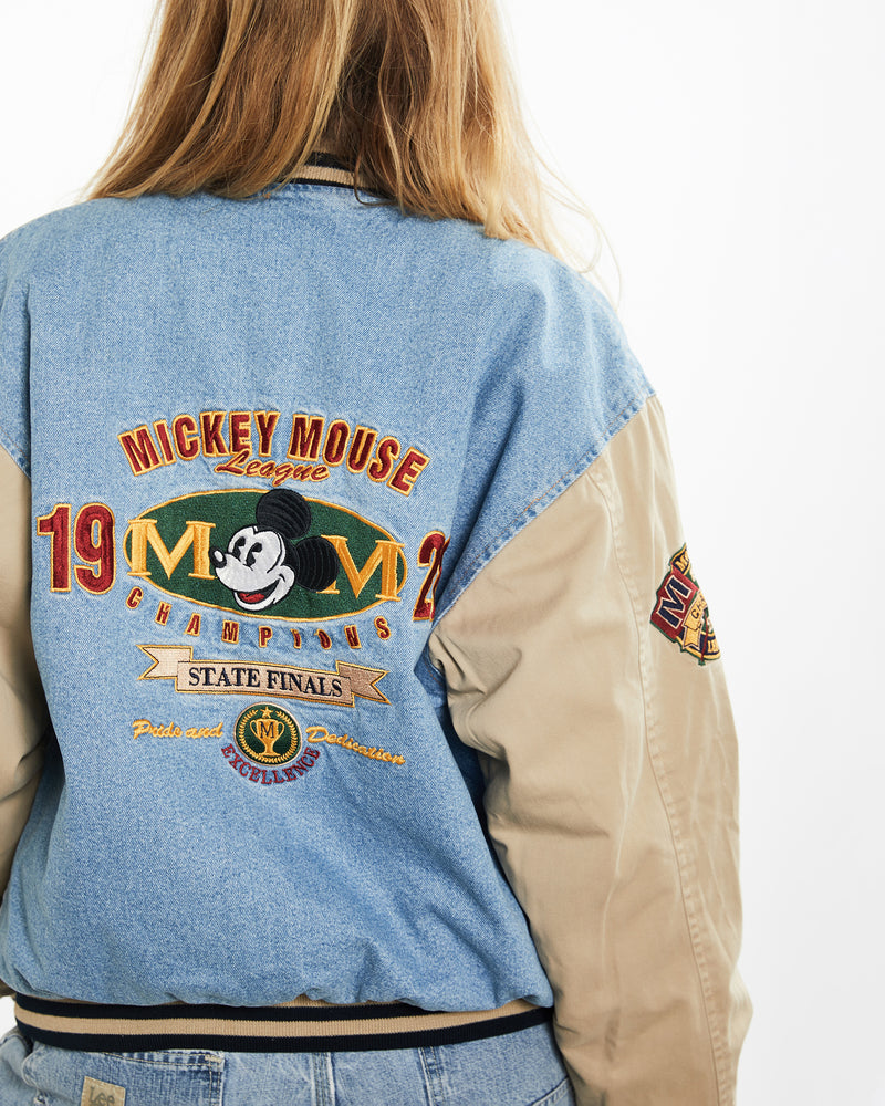 90s Disney Mickey Mouse Denim Varsity Jacket <br>M