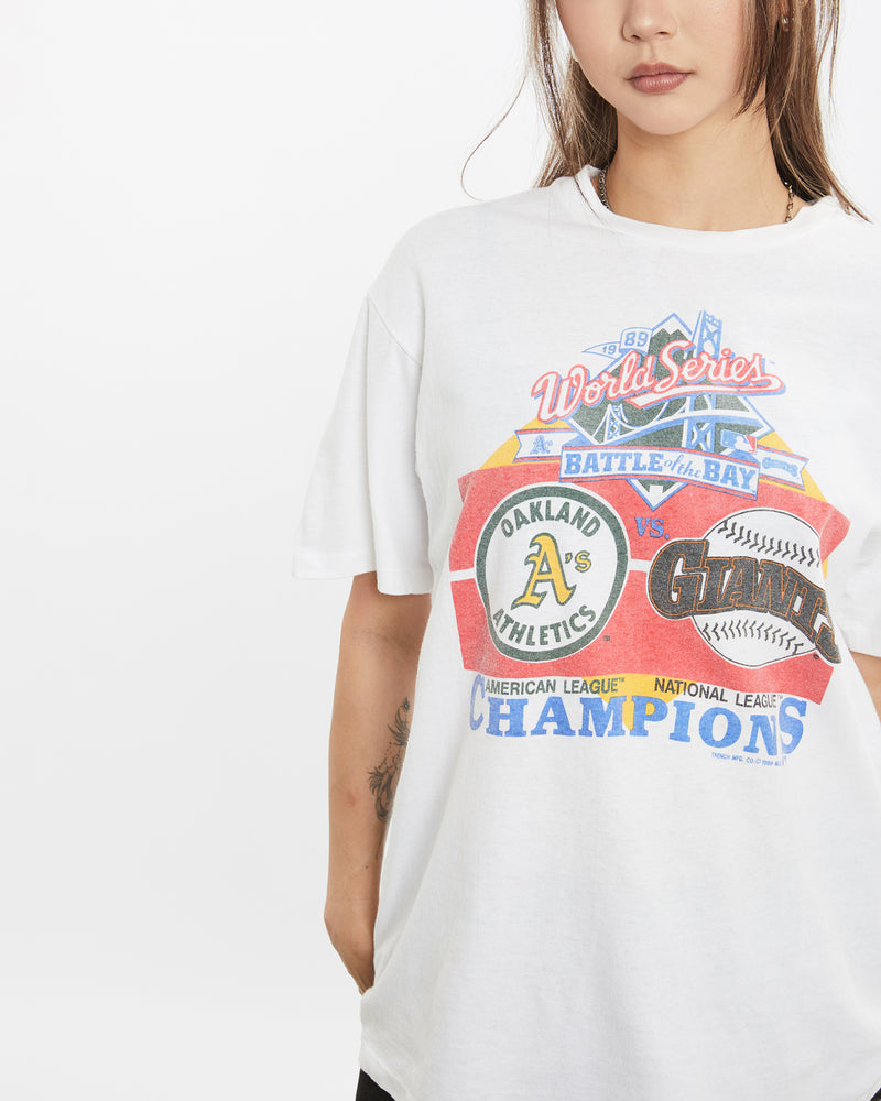 Vintage 1989 MLB Athletics vs Giants World Series Tee <br>S , The Real Deal , newtown, sydney, australia, thrift store, opshop, preloved, secondhand, sustainable, retro, antique, 70s, 80s, 90s, 2000s, 00s, fashion, clothing, streetwear, trendy, garment, style, boutique, store, shop, archive, sale, cheap, best, top