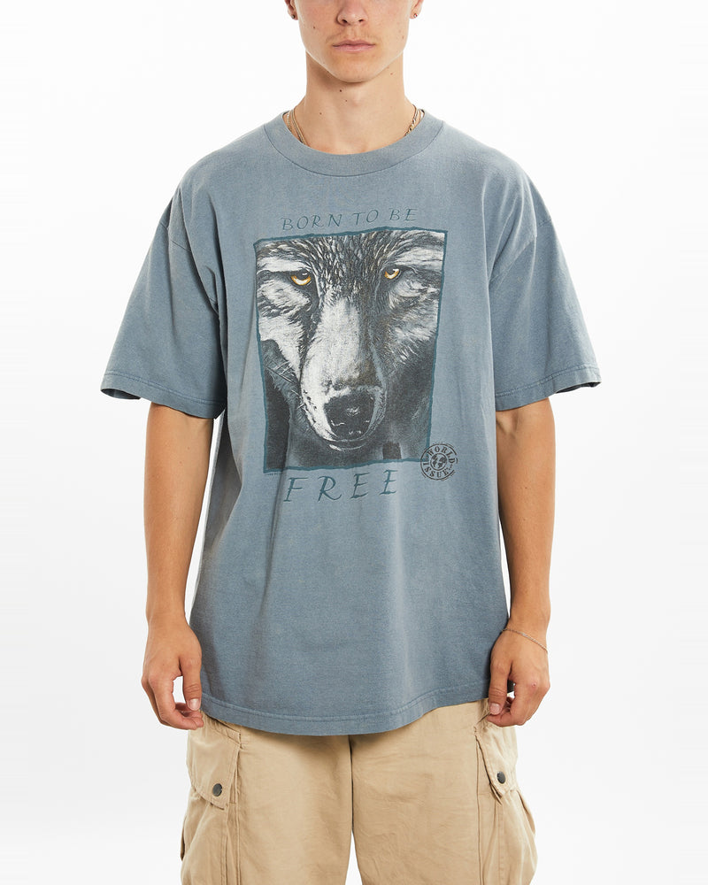 Vintage 1996 Born To Be Free' Wolf Wildlife Tee <br>L , The Real Deal , newtown, sydney, australia, thrift store, opshop, preloved, secondhand, sustainable, retro, antique, 70s, 80s, 90s, 2000s, 00s, fashion, clothing, streetwear, trendy, garment, style, boutique, store, shop, archive, sale, cheap, best, top