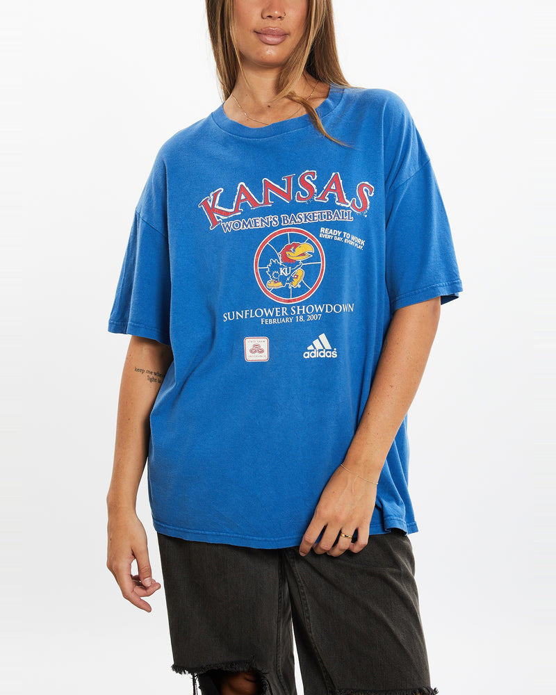 Vintage Adidas NCAA University of Kansas Jayhawks Tee <br>L , The Real Deal , newtown, sydney, australia, thrift store, opshop, preloved, secondhand, sustainable, retro, antique, 70s, 80s, 90s, 2000s, 00s, fashion, clothing, streetwear, trendy, garment, style, boutique, store, shop, archive, sale, cheap, best, top