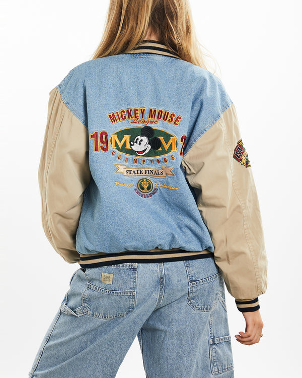 90s Disney Mickey Mouse Denim Varsity Jacket <br>M